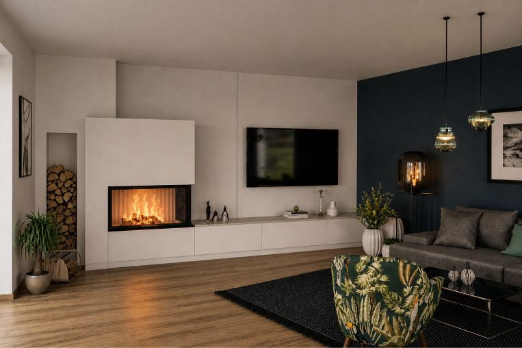 Perspektive auf den weißen Eckkamin mit integriertem Holzlager und Marmor-Sims in einem stilvoll eingerichteten Wohnzimmer mit blauer Akzentwand.