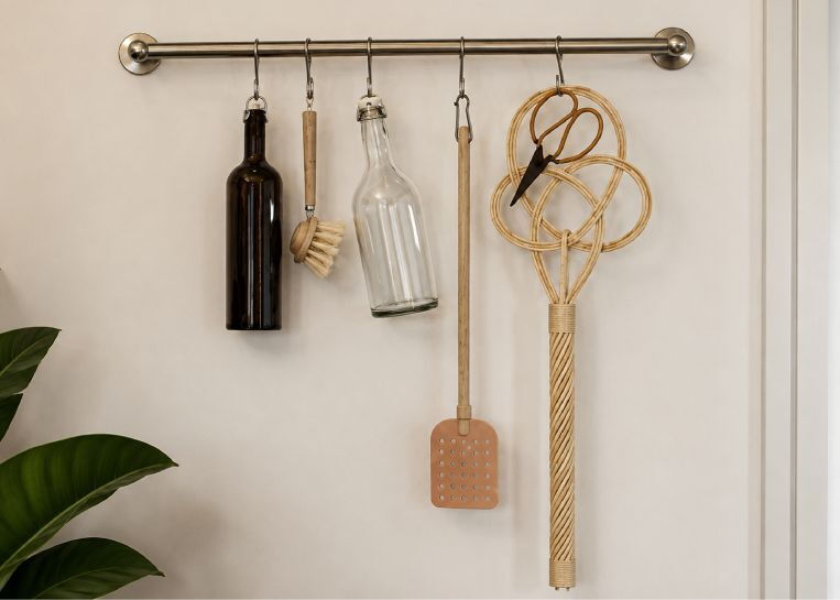 Dekorative Ansicht von an einer Reling hängenden Glasflaschen und einem Teppichklopfer im Landhausstil neben dem Ofen.