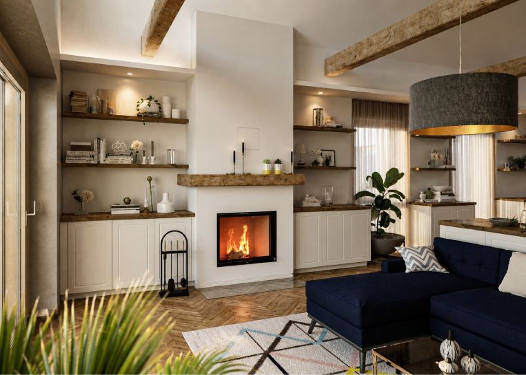 Perspektive auf den weiß verputzten Kamin mit rustikalem Holzsims, integriert in eine maßgeschneiderte Regal- und Schrankwand im Wohnzimmer.