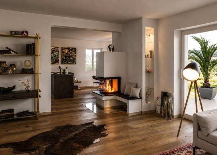 Eine moderne 3-seitige Kaminanlage Spartherm ARTE U50h mit dunklem Naturstein-Feuertisch als Raumteiler im Wohnzimmer.