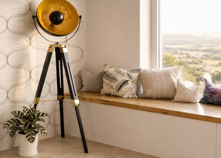Detailansicht einer maßgefertigten Sitzbank aus Holz direkt unter einem großen Panoramafenster neben dem Kamin.