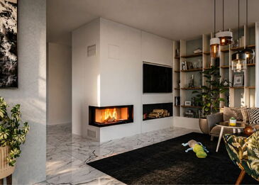 Ein minimalistischer, weißer Eckkamin in einem modernen Wohnzimmer mit Marmorboden. Rechts daneben sind ein Fernseher und ein offenes Holzfach bündig in die Wand eingelassen.