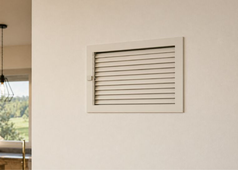 Nahaufnahme des dezenten, in den weißen Kaminbau integrierten Lüftungsgitters für eine effiziente Konvektionswärmeabgabe.