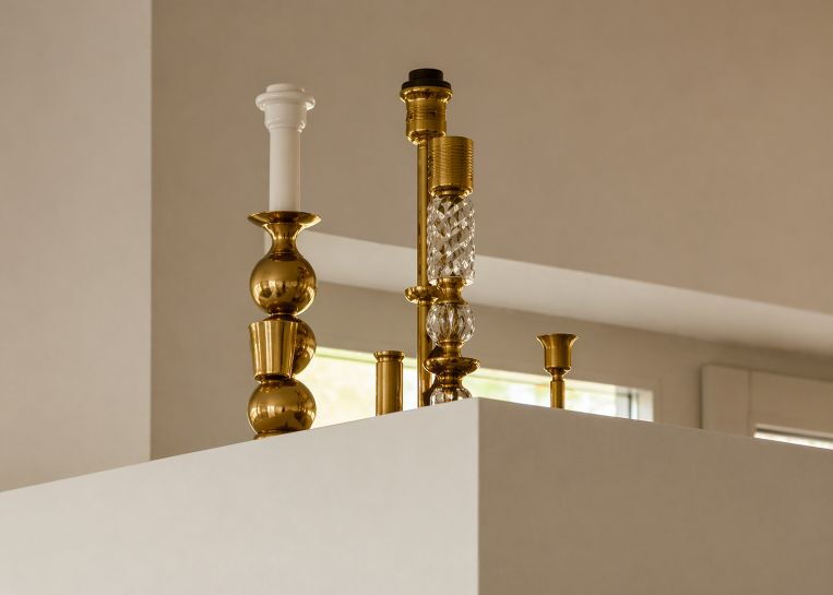 Nahaufnahme von goldenen Lampen als stilvolle Dekoration auf dem weißen Abschluss der modernen Kaminanlage.