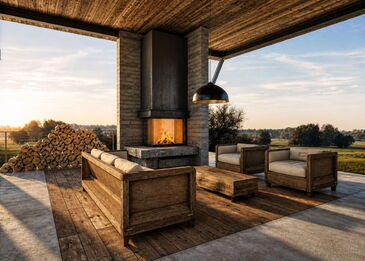Ein moderner Stylefire II Kamin mit Ecksichtscheibe, integriert in eine hochwertige Outdoor-Lounge mit Naturstein-Elementen und Blick ins Grüne.
