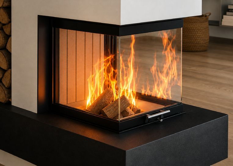 Nahaufnahme des lebendigen Flammenspiels hinter der drei-seitigen U-Sichtscheibe des Spartherm Arte U-50h Kamineinsatzes.
