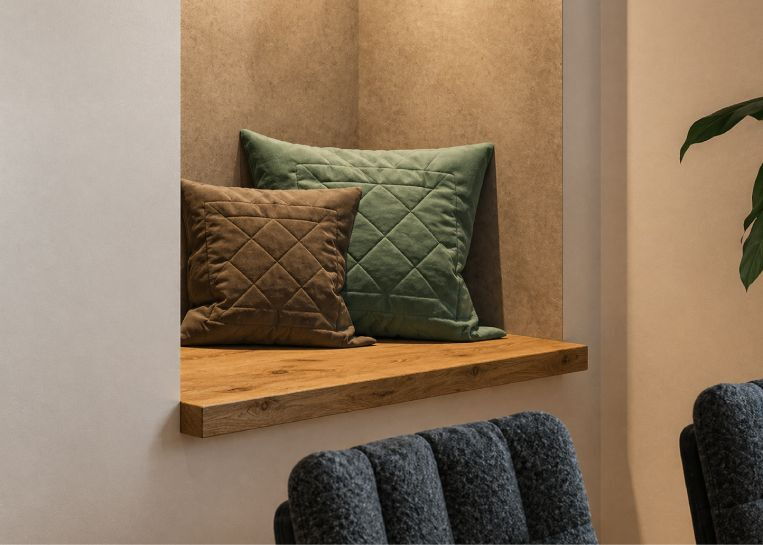 Detaillierte Ansicht der gemütlichen Sitznische mit einer Sitzfläche aus Holz und farblich abgestimmten Dekokissen direkt neben der Kaminanlage.