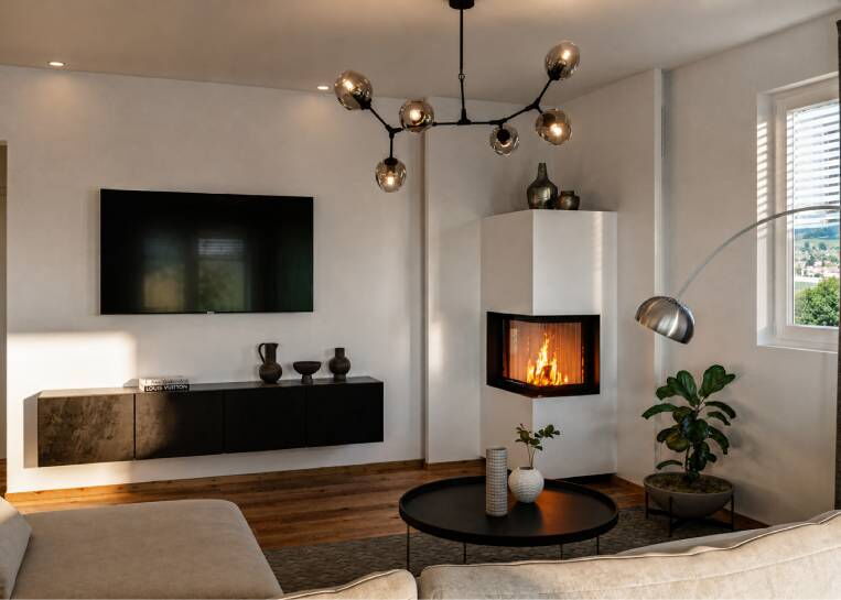 Ein moderner Spartherm Eckkamin mit weißem Ofenkörper und 2-seitiger Sichtscheibe in einem zeitgemäßen Wohnraumambiente.