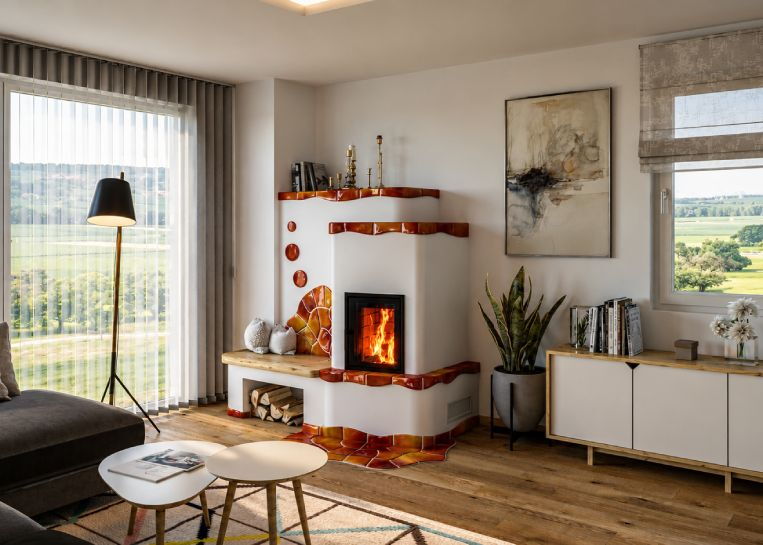 Gesamtansicht eines weißen Kachelofens im modernen Wohnzimmer mit individuell modellierter Keramik in fließenden Orange-Tönen.