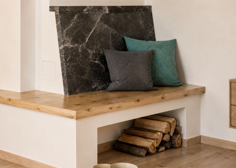 Nahaufnahme der massiven Holzsitzbank mit der darüberliegenden, wärmespeichernden Rückenlehne aus dunklem Speckstein.