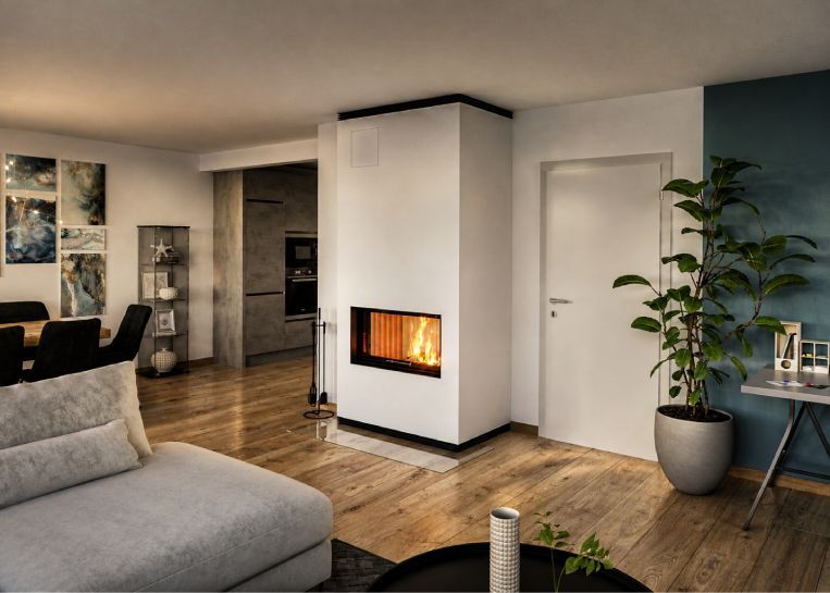 Eine schlichte, weiß verputzte Kaminanlage mit Spartherm Varia Ah Einsatz und schwarzer Metallblende in einem modernen Wohnzimmer.