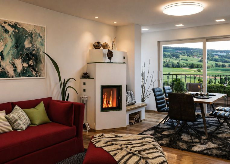 Perspektive auf den Kamin im Wohnraum. Die Sitzbank mit integriertem Holzlager bietet durch den Nachheizkasten eine behaglich warme Rückenlehne.