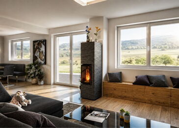 Gesamtansicht des Natursteinofens Rock L1XL mit angrenzender Holz-Sitzbank in einem hellen Wohnzimmer mit weitem Ausblick.