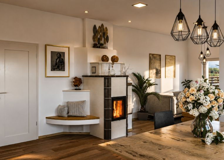 Perspektivische Ansicht des Ofens vom Essbereich aus, die die integrative Wirkung der Anlage als architektonisches Element zeigt.