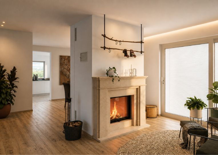 Perspektive auf den englischen Kamin, der dank integrierter Hinterlüftung sicher vor einer brennbaren Holzwand platziert wurde.