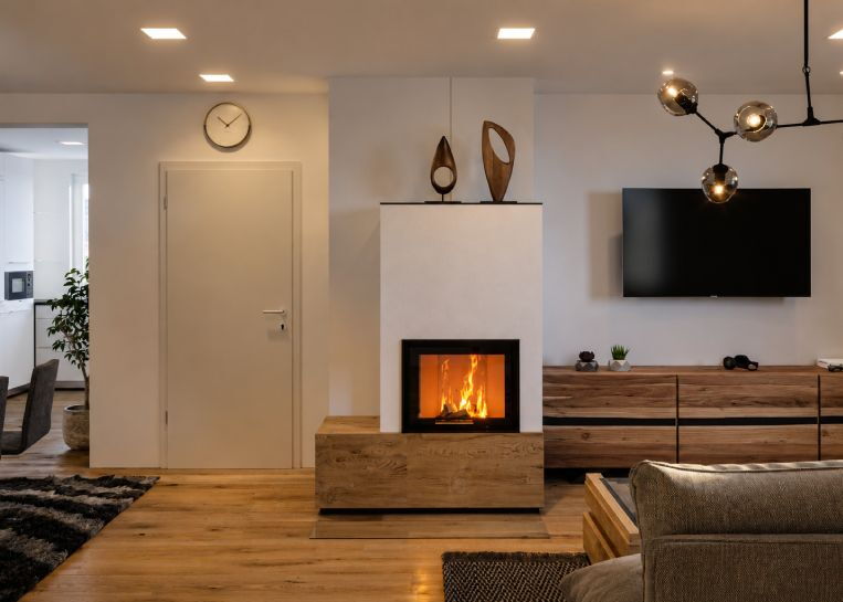 Frontale Ansicht des Kamins mit loderndem Feuer, schwarzer Sockelleiste und hochwertiger Sinterkeramik in Stein-Optik.