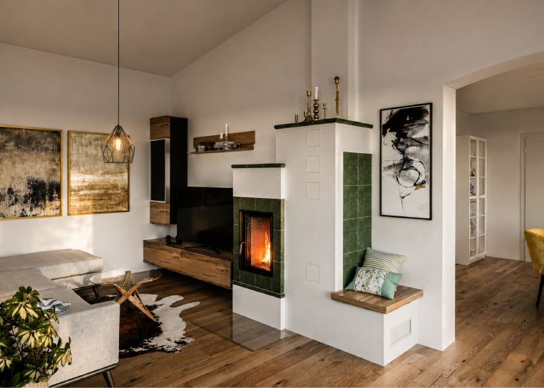 Perspektivische Ansicht des Wohnraums mit dem Kachelofen als zentralem Element, Sitzbank und moderner Einrichtung.