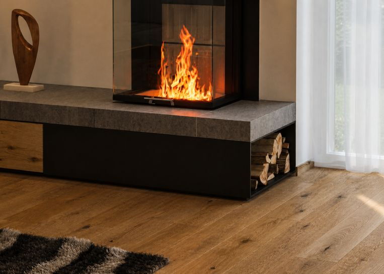 Detaillierter Blick auf das lodernde Feuer im Spartherm Arte Einsatz und die darunterliegende, bündig integrierte Metallbox zur Holzlagerung.