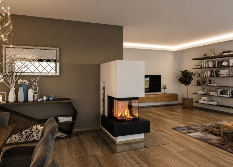 Ein drei-seitig verglaster Kamin Spartherm Arte U-50h fungiert als eleganter Raumteiler in einem offen gestalteten Wohn- und Essbereich.