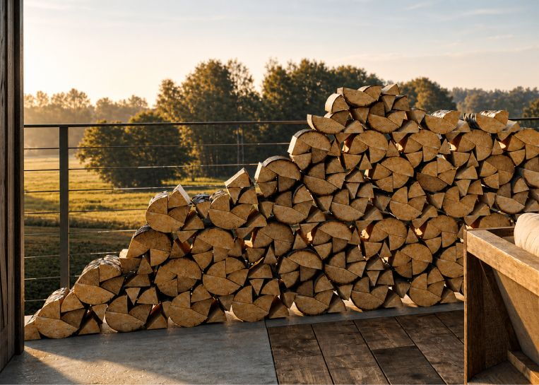 Nahaufnahme eines akkurat aufgeschichteten Brennholzstapels im Außenbereich neben der Kaminanlage der Stylefire II Serie.