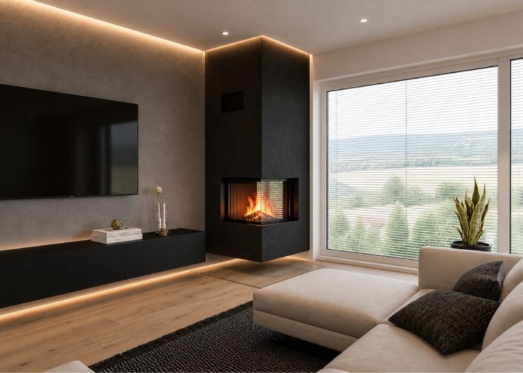 Ein moderner, freischwebender und raumhoher Kamin in schwarzer Fresco Spachteltechnik, integriert in ein minimalistisches Wohnzimmer mit indirekter Beleuchtung.