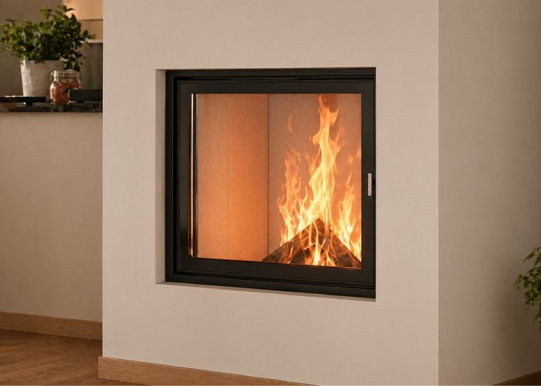 Nahaufnahme des lodernden Feuers hinter der großen, klappbaren Sichtscheibe des Spartherm Mini S Kamineinsatzes.