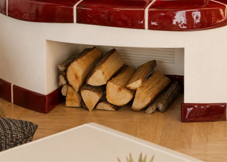 Nahaufnahme des funktionalen Holzlagers im Sockelbereich des Ofens, kombiniert mit bodennahen roten Keramik-Elementen.