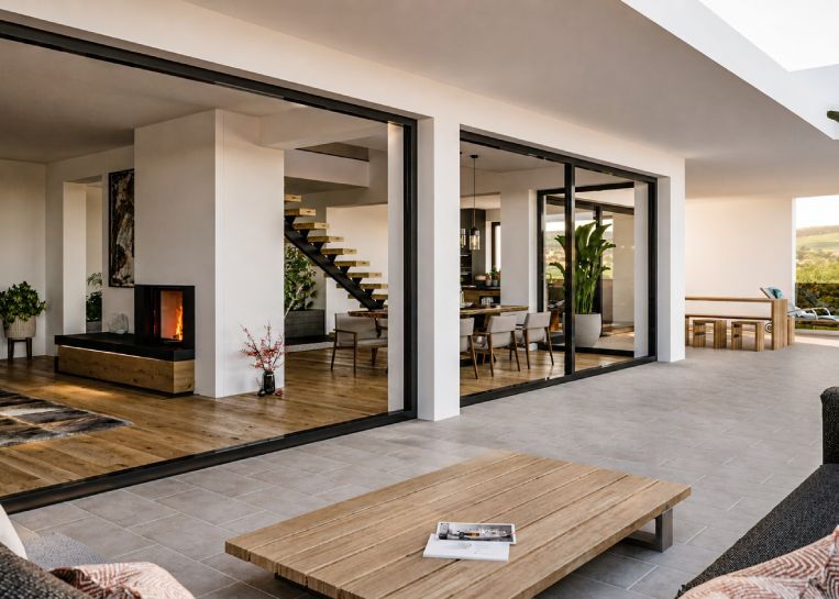 Gesamtansicht der Kaminanlage in einem großzügigen Loft mit weitem Ausblick durch bodentiefe Fensterfronten.
