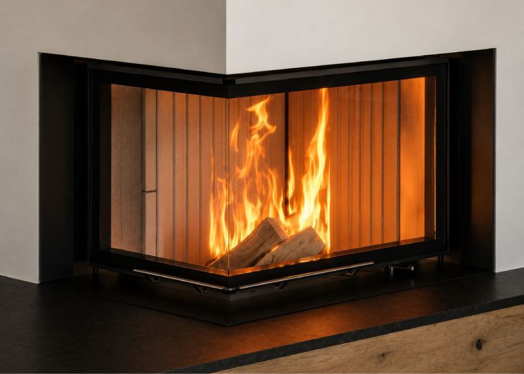 Nahaufnahme des lodernden Feuers hinter der großen Eck-Glasscheibe, die für eine sofortige Wärmeabgabe sorgt.