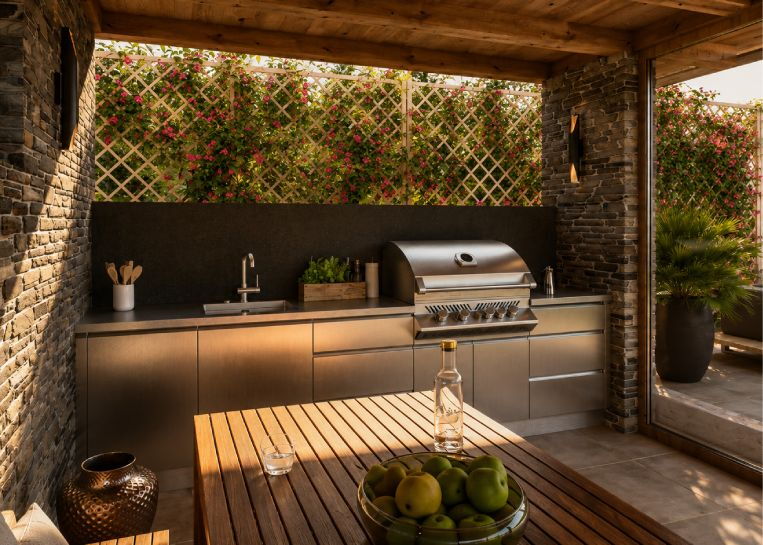 Perspektivische Ansicht der Küchenzeile mit eingebautem Gasgrill und fugenlosem Waschbecken vor einer dekorativen Sichtschutzwand.