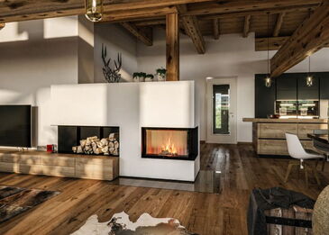 Moderne Kaminanlage mit Spartherm Varia 2R-80h Einsatz und großer Eck-Sichtscheibe in einem hellen Raum mit sichtbarem Holzdachstuhl.