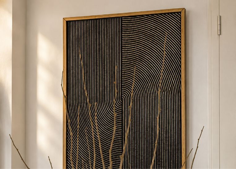 Nahaufnahme eines grafischen Kunstwerks an der Wand neben dem Ofen, das den modernen Stil der Inneneinrichtung unterstreicht.