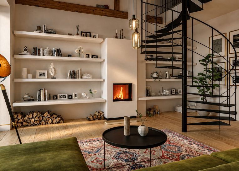 Ein moderner, schlicht verputzter Kamin mit Spartherm Mini SH-4s Einsatz, eingebettet in eine großzügige Regalwand mit dekorativen Elementen und Brennholzlager.