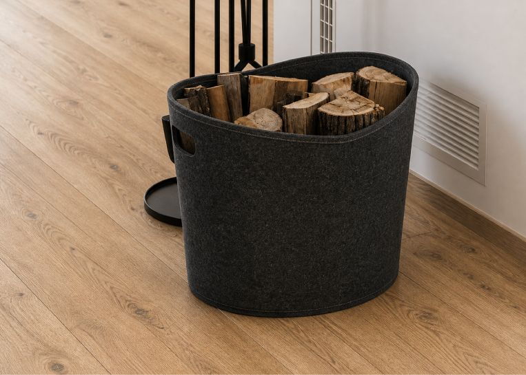 Ein moderner Filzkorb mit gelagerten Holzscheiten steht neben dem klassischen Kaminbau auf dem hochwertigen Parkettboden.