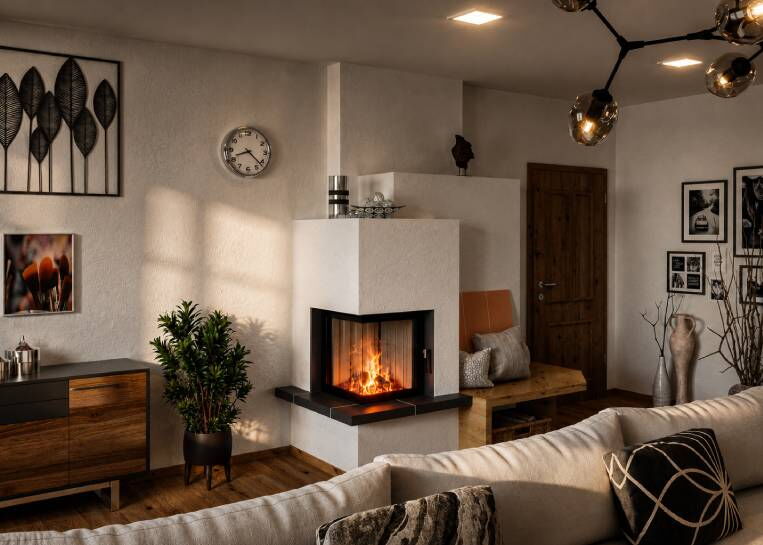 Eine moderne Kombiofen-Anlage mit Ecksichtfenster, freischwebendem Keramik-Feuertisch und angrenzender Sitzbank im Wohnbereich.