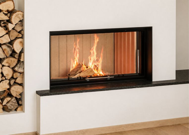 Nahaufnahme des lodernden Holzfeuers hinter der großzügigen, hochschiebbaren Sichtscheibe des Spartherm Varia Ah Kamineinsatzes.