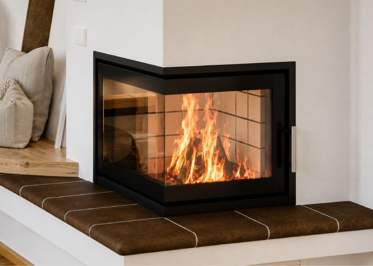 Detaillierte Ansicht des lodernden Feuers hinter der Eck-Glasscheibe, die eine zweiseitige Sicht auf die Flammen ermöglicht.